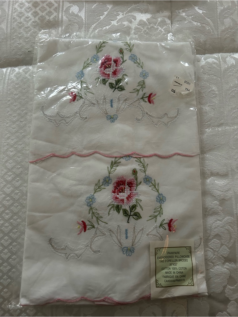 Vintage Embroidered Floral Pillowcase Pair - Pink & Blue on White (new)